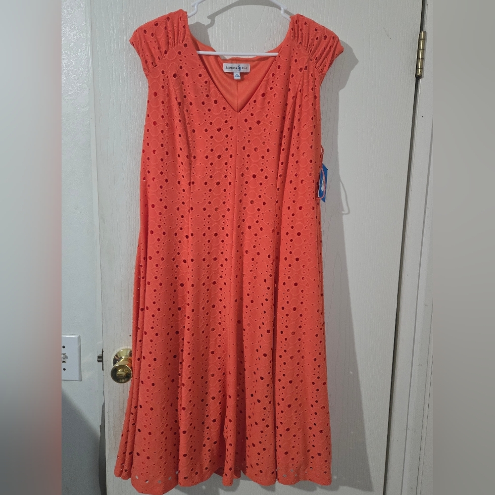Sabrina Blue Vibrant Orange Eyelet Dress With Lining Underneath. NWT
